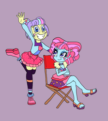 Size: 1157x1300 | Tagged: safe, artist:bugssonicx, imported from derpibooru, kiwi lollipop, supernova zap, equestria girls, equestria girls series, sunset's backstage pass!, spoiler:eqg series (season 2), chair, clothes, crossed legs, cute, female, happy, k-lo, k-lo betes, legs, postcrush, raised leg, sandals, skirt, smiling, socks, su-z, su-z-betes, thigh highs