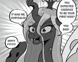 Size: 966x768 | Tagged: safe, artist:tkuroneko, imported from derpibooru, queen chrysalis, changeling, changeling queen, /mlp/, dio brando, drawthread, female, grayscale, implied shining armor, it was me, it was me dio, jojo's bizarre adventure, kono dio da, monochrome, quadrupedal, solo, wryyy