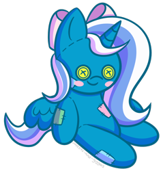 Size: 874x914 | Tagged: safe, artist:sweets-and-giggles, imported from derpibooru, oc, oc:fleurbelle, alicorn, pony, alicorn oc, bow, button eyes, doll, female, hair bow, mare, smiling, toy