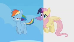 Size: 1280x720 | Tagged: safe, imported from derpibooru, screencap, fluttershy, rainbow dash, twilight sparkle, alicorn, pegasus, pony, pony girl, flying, fucked up, funny, great moments in animation, half, modular, split screen, twilight sparkle (alicorn), weird, youtube link
