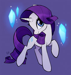 Size: 1000x1058 | Tagged: safe, artist:rollingrabbit, imported from derpibooru, rarity, pony, unicorn, crystal, cute, female, mare, purple background, raribetes, simple background, solo
