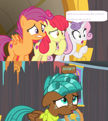 Size: 1600x1784 | Tagged: safe, edit, edited screencap, imported from derpibooru, screencap, apple bloom, scootaloo, spur, sweetie belle, pony, growing up is hard to do, comic, cutie mark crusaders, dialogue, neckerchief, older, older apple bloom, older cmc, older scootaloo, older sweetie belle, picture frame, screencap comic, speech bubble, trophy