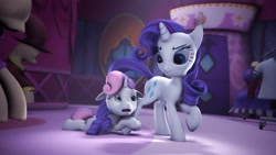 Size: 1425x802 | Tagged: safe, artist:rainbowdashsnipers, imported from derpibooru, rarity, sweetie belle, pony, growing up is hard to do, 3d, begging, carousel boutique, duo, floppy ears, mannequin, scene interpretation