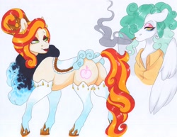 Size: 3835x2954 | Tagged: safe, artist:frozensoulpony, imported from derpibooru, oc, oc:jade luck, oc:little lady, earth pony, pegasus, pony, adopted offspring, butt, cigarette, clothes, female, high res, mare, offspring, parent:applejack, parent:flim, parent:rarity, parents:flimjack, plot, saddle, shirt, socks, tack, traditional art