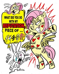 Size: 1012x1280 | Tagged: safe, artist:grotezco, artist:tokiotoyy2k, imported from derpibooru, angel bunny, fluttershy, she talks to angel, body swap, censored vulgarity, crying, dialogue, evil grin, grawlixes, grin, heart, hip wings, implied applejack, implied big macintosh, implied cup cake, implied pinkie pie, implied princess cadance, implied princess celestia, implied princess luna, implied rainbow dash, implied rarity, implied tempest shadow, implied twilight sparkle, national socialism, rearing, simple background, smiling, speech bubble, swastika, tattoo, white background, word balloon