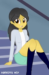 Size: 721x1108 | Tagged: safe, artist:danielitamlp, imported from derpibooru, oc, oc only, oc:danielita, equestria girls, boots, breasts, clothes, equestria girls-ified, female, legs, looking at you, miniskirt, open mouth, shoes, sitting, skirt, smiling, socks, solo