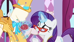 Size: 1920x1080 | Tagged: safe, imported from derpibooru, screencap, rarity, pony, growing up is hard to do, clothes, female, hat, magic, mannequin, mare, needle, pincushion, solo, suit, top hat