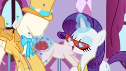 Size: 1920x1080 | Tagged: safe, imported from derpibooru, screencap, rarity, pony, growing up is hard to do, clothes, female, hat, magic, mannequin, mare, needle, pincushion, solo, suit, top hat