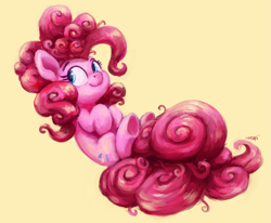 Size: 3281x2700 | Tagged: safe, artist:aemantaslim, artist:aemuhn, imported from derpibooru, pinkie pie, earth pony, pony, cute, diapinkes, female, hooves to the chest, mare, messy mane, messy tail, on back, simple background, smiling, solo, underhoof, yellow background