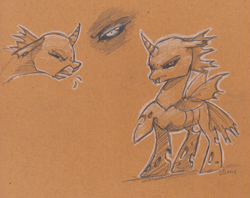 Size: 2087x1655 | Tagged: safe, artist:dilarus, deleted from derpibooru, imported from derpibooru, changeling, female, hissing, pencil drawing, toned paper, traditional art