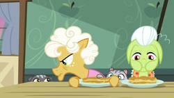 Size: 1280x720 | Tagged: safe, imported from derpibooru, screencap, goldie delicious, granny smith, cat, going to seed, cat stealing food