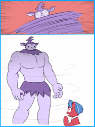 Size: 1200x1600 | Tagged: safe, artist:mew-me, imported from derpibooru, biscuit, bloofy, anthro, earth pony, pony, whirling mungtooth, growing up is hard to do, 2 panel comic, comic, eye glow, muscles, this isn't even my final form, transformation