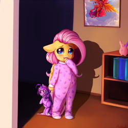 Size: 2000x2000 | Tagged: safe, artist:miokomata, imported from derpibooru, fluttershy, pegasus, pony, semi-anthro, bipedal, blushing, clothes, colored hooves, covering mouth, cute, cuteness overload, female, filly, filly fluttershy, floppy ears, foal, folded wings, footed sleeper, footie pajamas, freckles, freckleshy, hnnng, indoors, looking at you, miokomata is trying to murder us, onesie, pajamas, plushie, precious, shyabetes, smiling, smol, weapons-grade cute, wings, younger