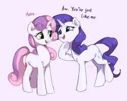Size: 2023x1608 | Tagged: safe, artist:luciferamon, imported from derpibooru, rarity, sweetie belle, pony, unicorn, growing up is hard to do, cute, dialogue, diasweetes, duo, eye contact, female, gray background, lidded eyes, looking at each other, mare, older, older sweetie belle, open mouth, pink background, proud, raised leg, raribetes, siblings, simple background, sisters, smiling, starry eyes, text, the cmc's cutie marks, underhoof, white background, wingding eyes