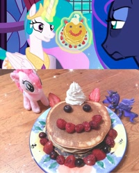 Size: 720x900 | Tagged: safe, imported from derpibooru, screencap, pinkie pie, princess celestia, princess luna, alicorn, pony, a royal problem, cake, cakelestia, defictionalization, female, food, irl, pancakes, photo, plushie, toy