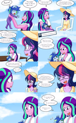 Size: 2000x3200 | Tagged: safe, artist:jake heritagu, imported from derpibooru, aria blaze, sci-twi, twilight sparkle, oc, oc:sparkling sapphire, comic:aria's archives, equestria girls, bikini, chair, clothes, comic, dialogue, female, implied lesbian, implied shipping, implied sunblaze, implied sunsetsparkle, magical lesbian spawn, offspring, parent:sci-twi, parent:sunset shimmer, parents:scitwishimmer, speech bubble, swimsuit, towel