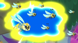 Size: 2000x1121 | Tagged: safe, imported from derpibooru, screencap, bee, flash bee, insect, a horse shoe-in, animal, crown, flying, jewelry, queen bee, regalia, swarm