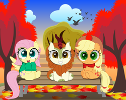 Size: 2200x1750 | Tagged: safe, artist:spellboundcanvas, imported from derpibooru, applejack, autumn blaze, fluttershy, kirin, pony, sounds of silence, applejack's hat, awwtumn blaze, bench, clothes, cowboy hat, cute, female, hat, jackabetes, leaves, mare, scarf, shyabetes, sweater, tree