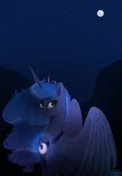 Size: 1053x1519 | Tagged: safe, artist:retromirage, imported from derpibooru, princess luna, alicorn, pony, cute, ear fluff, female, full moon, lunabetes, mare, moon, night, sky, solo, stars