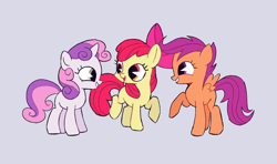 Size: 2828x1678 | Tagged: safe, artist:ivyredmond, imported from derpibooru, apple bloom, scootaloo, sweetie belle, earth pony, pegasus, pony, unicorn, adorabloom, bow, cute, cutealoo, cutie mark crusaders, diasweetes, gray background, hair bow, pac-man eyes, pacman eyes, simple background, smiling