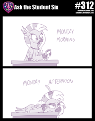 Size: 800x1023 | Tagged: safe, artist:sintakhra, imported from derpibooru, silverstream, hippogriff, tumblr:studentsix, cute, desk, diastreamies, exhausted, female, inkwell, monday, monochrome, notepad, solo, tired