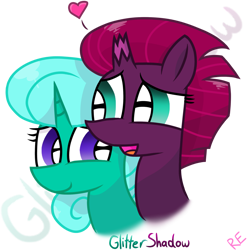 Size: 1064x1076 | Tagged: safe, artist:rainbow eevee edits, artist:徐詩珮, imported from derpibooru, glitter drops, tempest shadow, pony, broken horn, cute, female, glittershadow, heart, horn, lesbian, looking at each other, open mouth, polyamory, shipping, simple background, sticker, transparent background