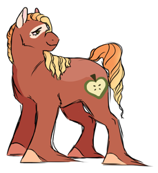 Size: 1263x1380 | Tagged: safe, artist:dolliewings, imported from derpibooru, oc, oc only, oc:cortland apple, earth pony, pony, coat markings, female, hoof fluff, long feather, magical gay spawn, mare, offspring, parent:big macintosh, parent:trouble shoes, parent:troubleshoes clyde, parents:troublemac, simple background, solo, white background