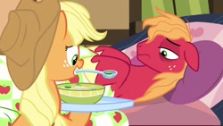 Size: 1920x1080 | Tagged: safe, imported from derpibooru, screencap, applejack, big macintosh, pony, growing up is hard to do, food, mouth hold, sick, soup