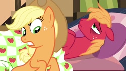 Size: 1920x1080 | Tagged: safe, imported from derpibooru, screencap, applejack, big macintosh, earth pony, pony, growing up is hard to do, applejack is not amused, bags under eyes, bed, brother and sister, duo, female, firm, freckles, gritted teeth, in bed, male, mare, miserable, raised eyebrow, siblings, stallion, unamused