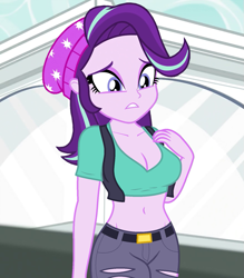 Size: 721x824 | Tagged: safe, edit, edited screencap, editor:ah96, imported from derpibooru, screencap, starlight glimmer, human, equestria girls, mirror magic, spoiler:eqg specials, beanie, belly button, breast edit, breasts, busty starlight glimmer, cleavage, clothes, cropped, female, hat, midriff, ripped pants, short shirt, solo, stupid sexy starlight glimmer, vest