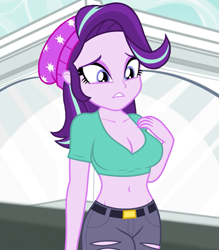 Size: 721x824 | Tagged: safe, edit, edited screencap, editor:ah96, imported from derpibooru, screencap, starlight glimmer, equestria girls, mirror magic, spoiler:eqg specials, beanie, belly button, breast edit, breasts, busty starlight glimmer, cleavage, clothes, cropped, female, hat, midriff, ripped pants, sexy, short shirt, solo, stupid sexy starlight glimmer