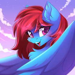 Size: 2222x2222 | Tagged: safe, artist:airiniblock, imported from derpibooru, oc, oc only, oc:lucid heart, pegasus, pony, bust, female, mare, rcf community, sky, smiling, solo, wings