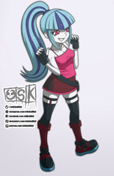 Size: 1017x1562 | Tagged: safe, artist:oldskullkid, imported from derpibooru, sonata dusk, equestria girls, bangs, boots, breasts, cleavage, clothes, cute, gloves, grin, happy, miniskirt, ponytail, shoes, skirt, smiling, socks, solo, sonatabetes, thigh highs, zettai ryouiki