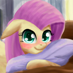 Size: 677x677 | Tagged: safe, artist:tak_kuroneko, artist:tkuroneko, imported from derpibooru, fluttershy, pony, blushing, cute, female, floppy ears, hug, indoors, looking at you, mare, pillow, pillow hug, shyabetes, smiling, solo