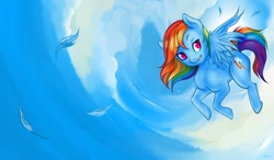 Size: 1024x597 | Tagged: safe, artist:jiinxi, imported from derpibooru, rainbow dash, pegasus, pony, cloud, colored pupils, cute, dashabetes, ear fluff, feather, female, mare, sky, solo