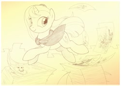 Size: 1073x759 | Tagged: safe, artist:sherwoodwhisper, imported from derpibooru, oc, oc only, oc:eri, oc:whisper, mouse, pony, unicorn, cape, clothes, drawing, female, filly, monochrome