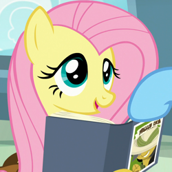 Size: 1032x1032 | Tagged: safe, imported from derpibooru, screencap, fluttershy, rainbow dash, pegasus, pony, daring doubt, book, cropped, cute, female, mare, saddle bag, shyabetes, smiling