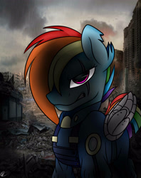 Size: 3800x4800 | Tagged: safe, artist:tobyqu33n123, imported from derpibooru, rainbow dash, pegasus, pony, alternate timeline, amputee, angry, apocalypse dash, artificial wings, augmented, building, clothes, crystal war timeline, eye scar, female, gritted teeth, mare, prosthetic limb, prosthetic wing, prosthetics, scar, torn ear, wings