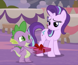 Size: 402x338 | Tagged: safe, imported from derpibooru, screencap, spike, starlight glimmer, dragon, pony, unicorn, the last problem, leak, cropped, female, male, mare, present, winged spike, wings