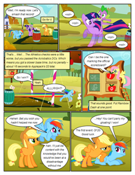 Size: 612x792 | Tagged: safe, artist:newbiespud, edit, edited screencap, imported from derpibooru, screencap, applejack, fluttershy, rainbow dash, spike, twilight sparkle, dragon, earth pony, pegasus, pony, unicorn, comic:friendship is dragons, fall weather friends, angry, barrel, chalk drawing, comic, contest, dialogue, dragons riding ponies, flower, flying, freckles, hat, looking up, male, prone, riding, running, scoreboard, screencap comic, spike riding twilight, traditional art, unicorn twilight