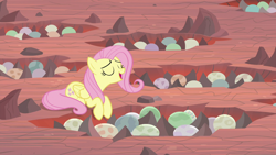 Size: 1280x720 | Tagged: safe, imported from derpibooru, screencap, fluttershy, pegasus, pony, sweet and smoky, dragon egg, egg, eyes closed, female, mare, prone, solo