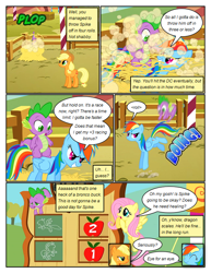 Size: 612x792 | Tagged: safe, artist:newbiespud, edit, edited screencap, imported from derpibooru, screencap, applejack, fluttershy, rainbow dash, spike, dragon, earth pony, pegasus, pony, comic:friendship is dragons, fall weather friends, chalk drawing, comic, dialogue, dust, eyes closed, female, freckles, grin, hat, haystack, kicking, male, mare, onomatopoeia, rearing, riding, scoreboard, screencap comic, slit eyes, slit pupils, smiling, spike riding rainbow dash, traditional art, unamused