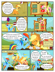 Size: 612x792 | Tagged: safe, artist:newbiespud, edit, edited screencap, imported from derpibooru, screencap, applejack, fluttershy, rainbow dash, earth pony, pegasus, pony, comic:friendship is dragons, fall weather friends, arm wrestling, chalk drawing, comic, dialogue, eyes closed, female, flower in mouth, flying, grin, hat, lasso, mare, mouth hold, rearing, rope, rose, rose in mouth, scoreboard, screencap comic, smiling, sweat, traditional art