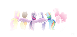 Size: 5000x2400 | Tagged: safe, artist:glitterstar2000, imported from derpibooru, applejack, fluttershy, pinkie pie, rainbow dash, rarity, twilight sparkle, alicorn, pony, cowboy hat, fading, female, hat, mane six, mare, rear view, stetson, twilight sparkle (alicorn)