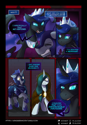 Size: 2298x3298 | Tagged: safe, artist:cosmalumi, artist:its-gloomy, imported from derpibooru, nightmare moon, oc, oc:bright eyes, alicorn, pony, unicorn, tumblr:ask queen moon, comic, eye clipping through hair, eyes closed, female, male, mare, night guard, slit eyes, slit pupils, stallion