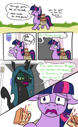 Size: 638x1031 | Tagged: safe, artist:jargon scott, imported from derpibooru, queen chrysalis, twilight sparkle, changeling, changeling queen, pony, unicorn, bags under eyes, comic, dialogue, eyes closed, female, floppy ears, food, horrified, implied chrysarmordance, implied shipping, mare, meme, mom's spaghetti, onomatopoeia, pasta, raised hoof, saddle bag, scared, smiling, spaghetti, unicorn twilight, vietnam flashback, wide eyes