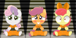 Size: 3460x1750 | Tagged: safe, artist:spellboundcanvas, imported from derpibooru, apple bloom, scootaloo, sweetie belle, pony, blushing, clothes, crying, cute, cutie mark crusaders, embarrassed, horn, horn cap, magic suppression, nervous, prison, prison outfit, prisoner, sad