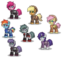 Size: 550x500 | Tagged: safe, artist:venombronypl, imported from derpibooru, applejack, fluttershy, marble pie, maud pie, pinkie pie, rainbow dash, rarity, earth pony, pegasus, pony, unicorn, pony town, alternate hairstyle, alternate timeline, apinkalypse pie, apocalypse dash, apocalypse fluttershy, apocalypse maud, applecalypsejack, crystal war timeline, pinkamena diane pie, rarity the riveter, simple background