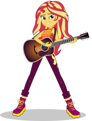 Size: 5000x6580 | Tagged: safe, artist:keronianniroro, imported from derpibooru, sunset shimmer, equestria girls, equestria girls series, let it rain, spoiler:eqg series (season 2), absurd resolution, clothes, cute, cutie mark on clothes, female, guitar, musical instrument, pants, simple background, solo, transparent background, vector