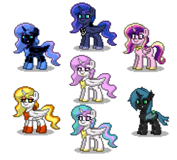 Size: 550x500 | Tagged: safe, artist:venombronypl, imported from derpibooru, daybreaker, nightmare moon, princess cadance, princess celestia, princess luna, queen chrysalis, pony, pony town, princess molestia, simple background